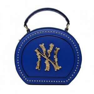 NY Logo Round Handbag Blue Gold Floral Accent Purse